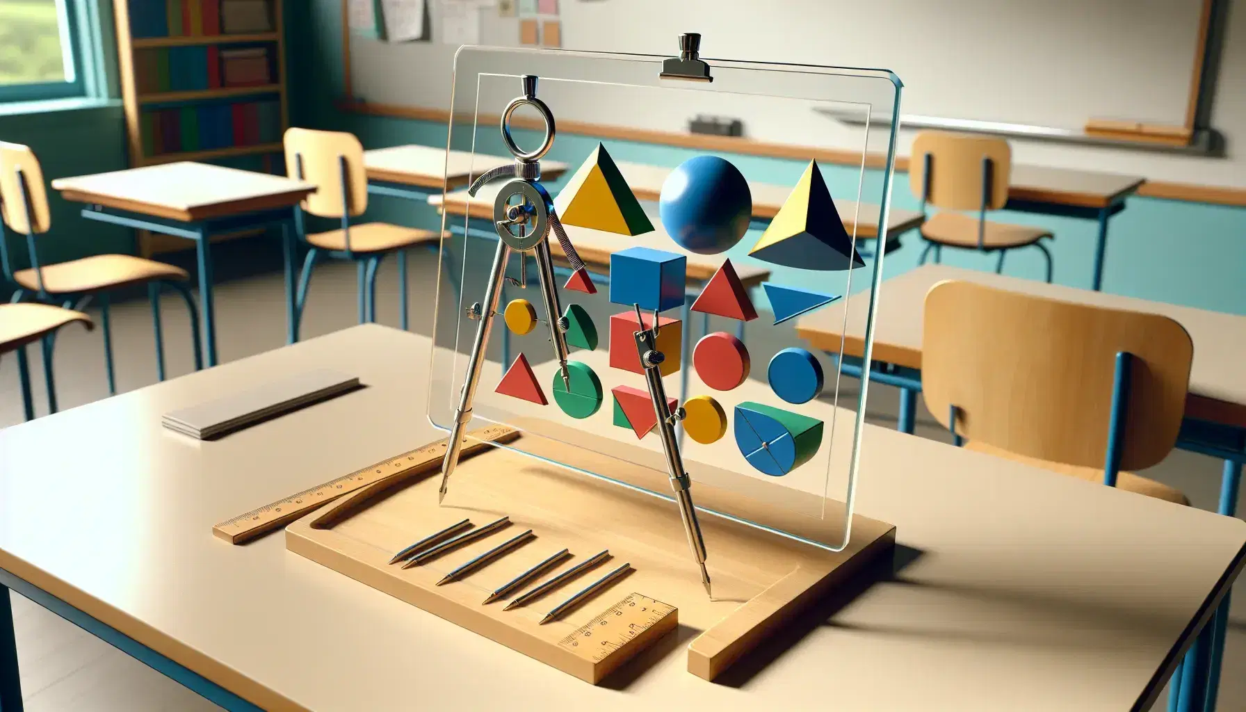 Organized classroom desk with a transparent glass board, colorful geometric shapes, a metallic compass, and a wooden ruler on a light wood surface.
