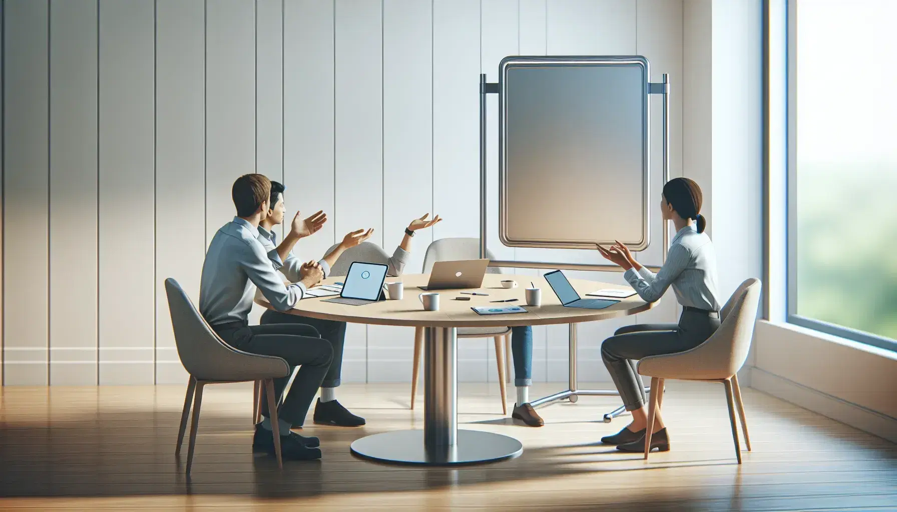 Tres personas sentadas alrededor de una mesa redonda de madera clara en una reunión, con dispositivos electrónicos y una pizarra blanca al fondo.