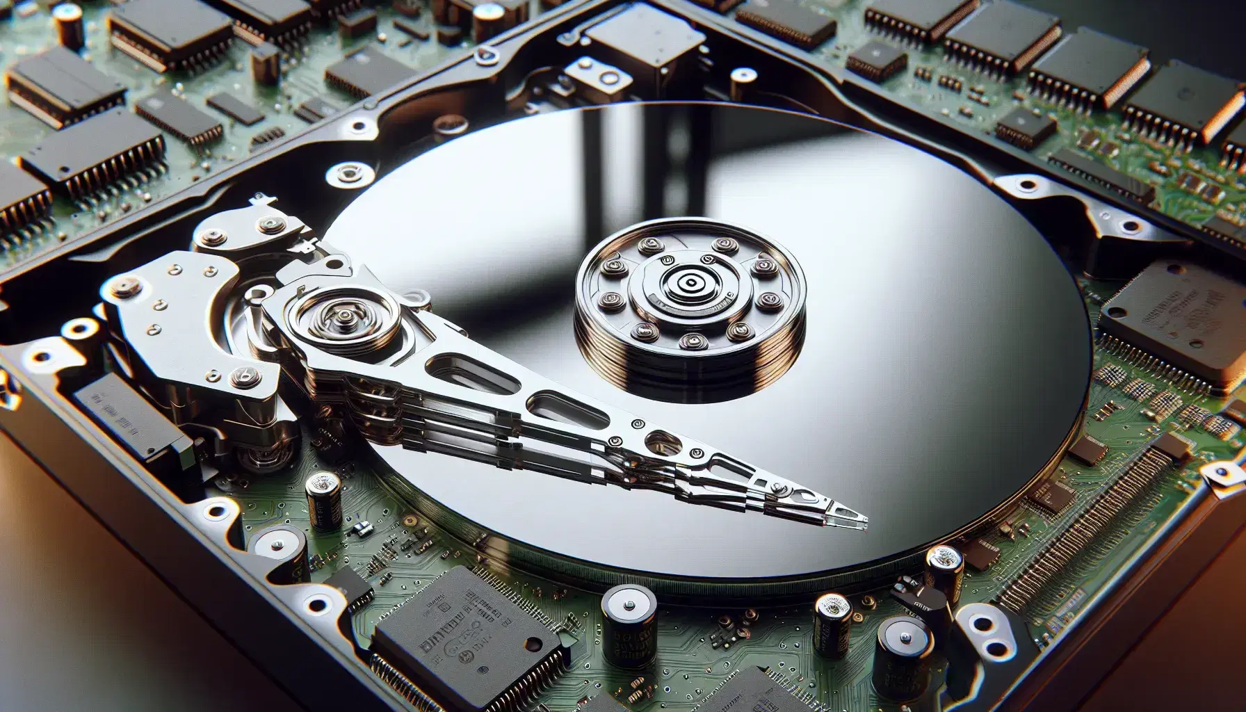 Close-up view of an open hard drive showing the reflective platter, read-write arm and detailed electronic circuitry.