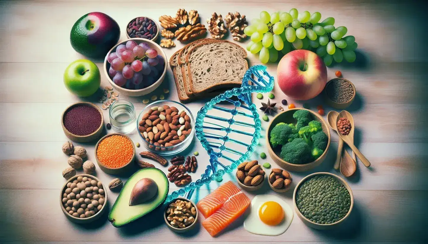 Variedad de alimentos saludables con espiral de ADN en el centro, incluyendo uvas, pan integral, aguacate, nueces, salmón, lentejas y huevo, sobre fondo de madera.