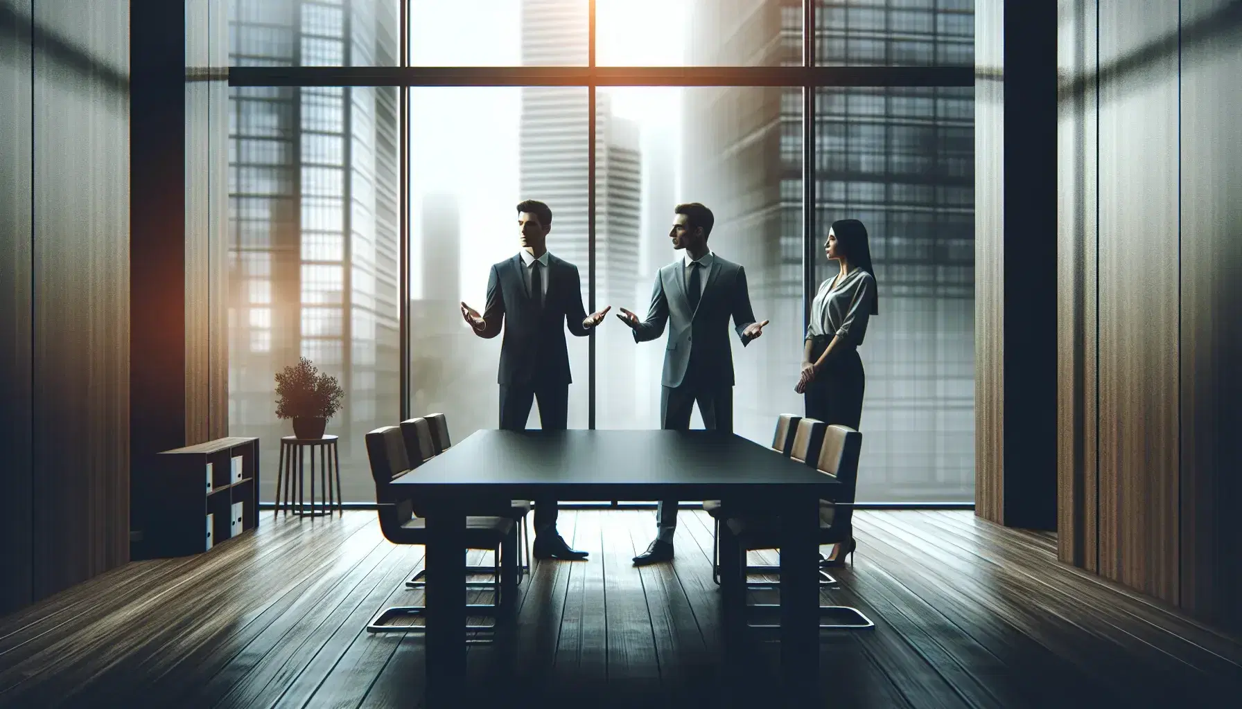 Equipo de tres profesionales en reunión de trabajo en oficina moderna con amplia ventana y vista urbana desenfocada, iluminación natural y vestimenta formal.