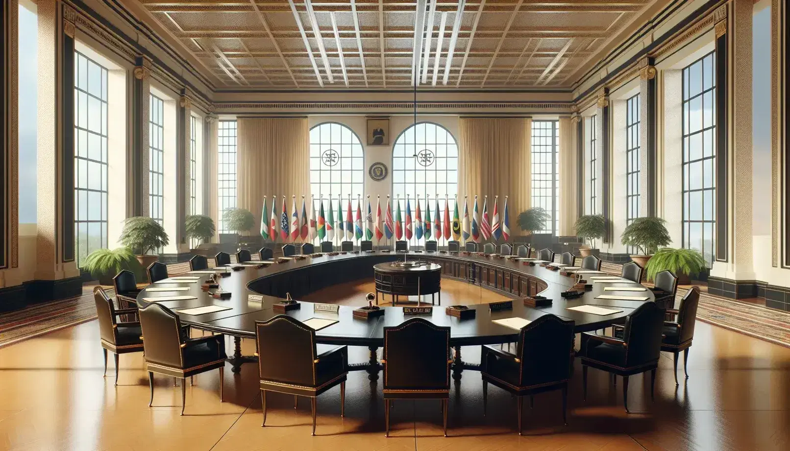 Sala de reuniones formal con mesa ovalada de madera oscura, sillas de cuero negro, documentos, carpetas y banderas de países sin símbolos visibles.