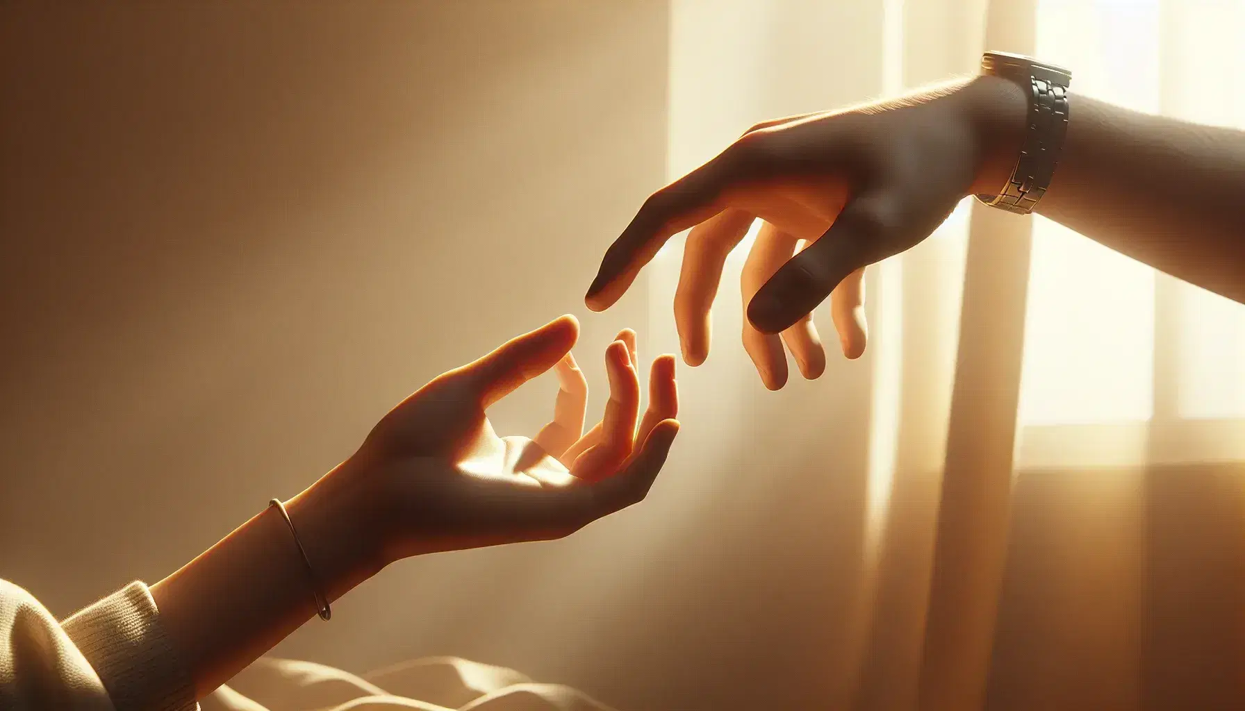 Due mani si avvicinano in un gesto delicato su sfondo sfocato caldo, con luce morbida che enfatizza la tridimensionalità del tocco imminente.