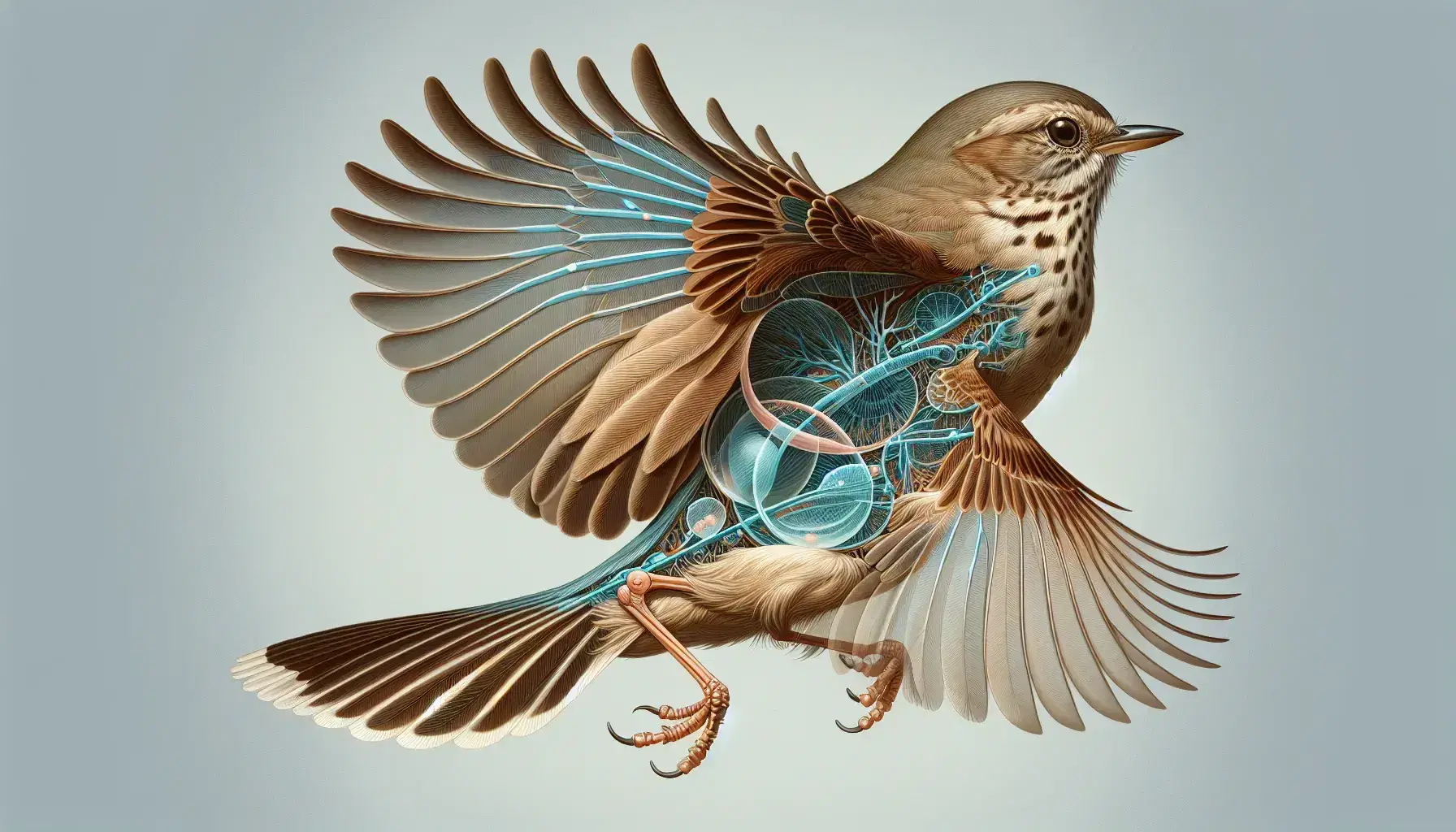 Ave en vuelo con alas extendidas mostrando plumaje marrón con manchas blancas y sacos aéreos translúcidos en un fondo degradado azul a blanco.