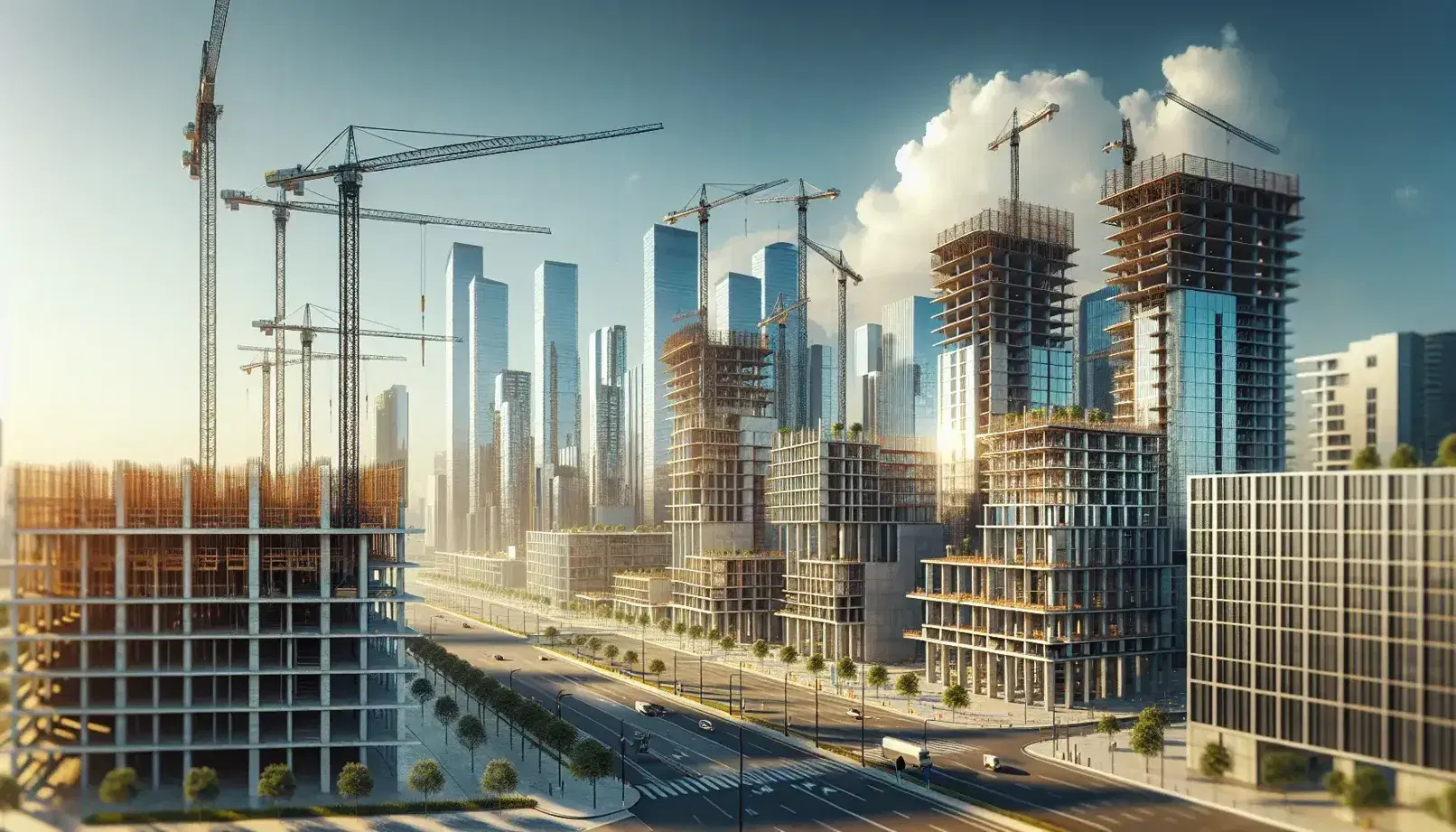 Paisaje urbano en crecimiento con edificios en construcción, grúas altas, cielo azul y rascacielos al fondo reflejando el sol.