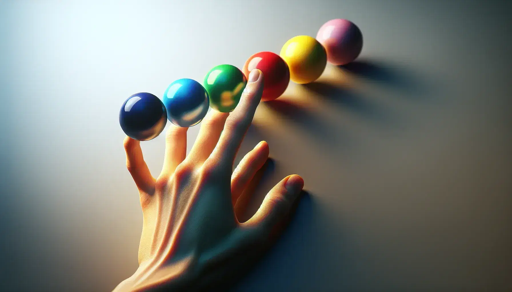 Human hand with spread fingers touches red sphere with index finger, blue, green, yellow and purple spheres aligned on neutral background.