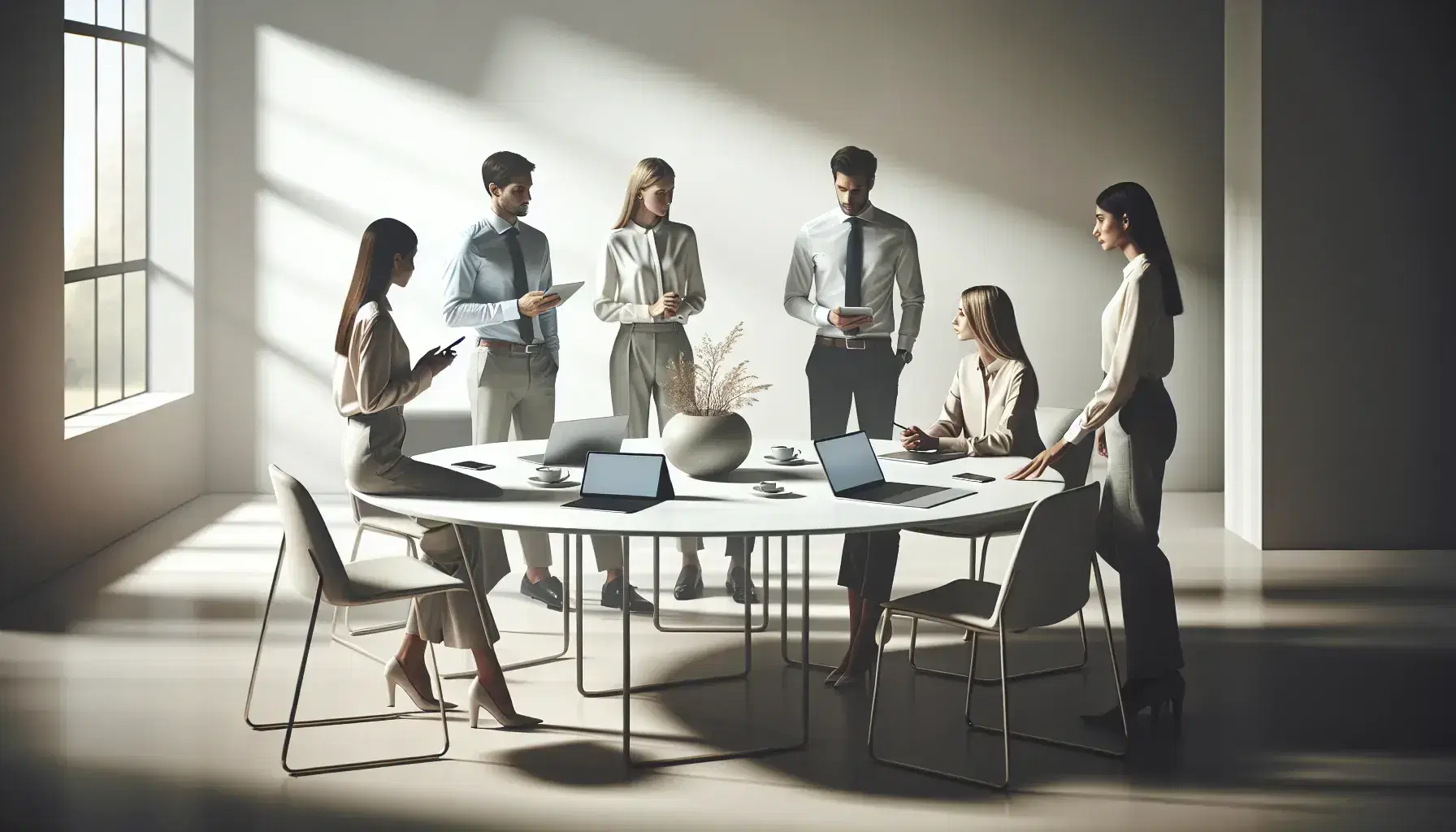 Grupo de cinco profesionales colaborando alrededor de una mesa con laptop, tablet y smartphones en una oficina iluminada naturalmente.