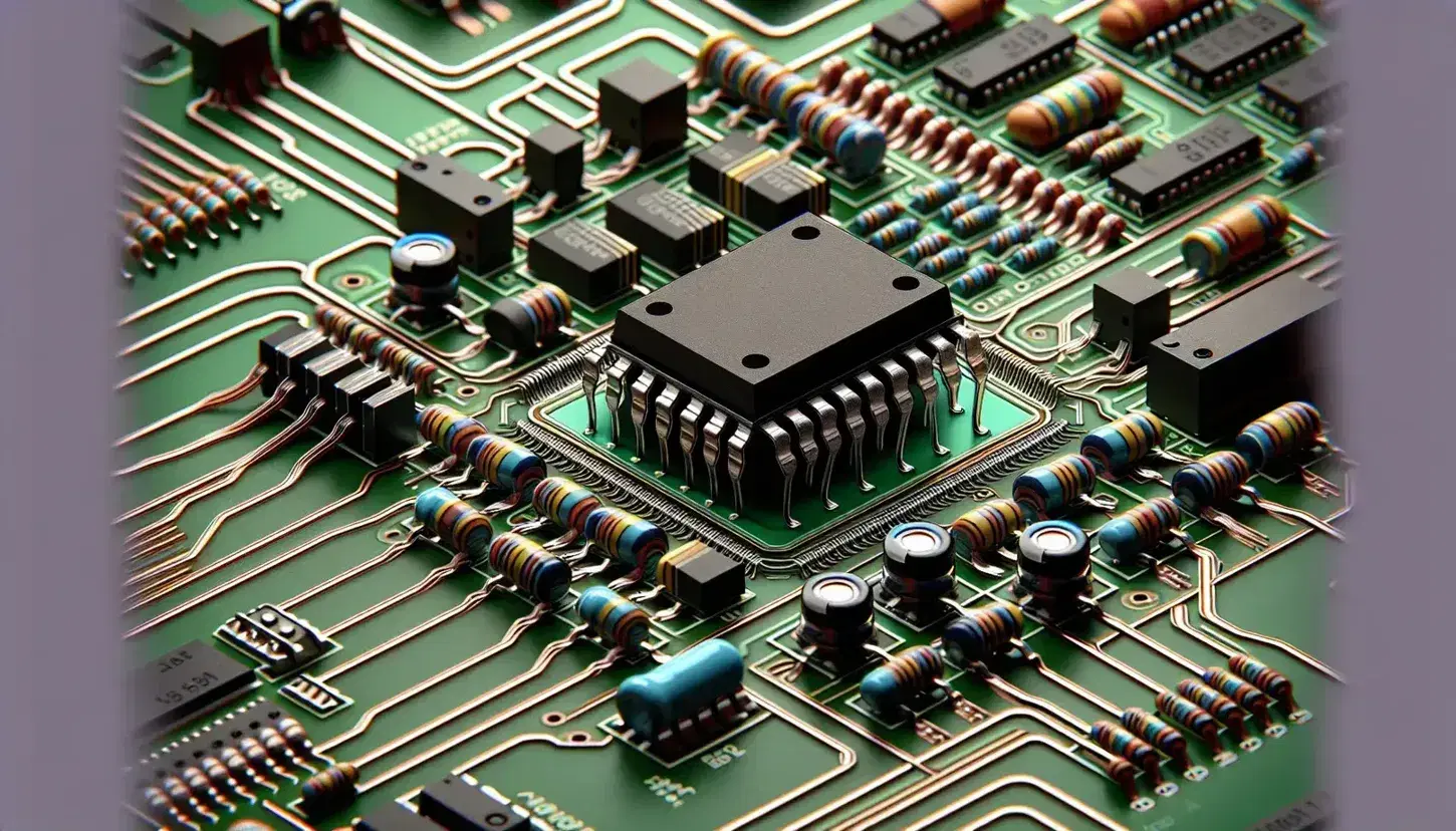 Close-up of an electronic board with black integrated circuits, colored resistors and capacitors on green PCB with traces of copper.