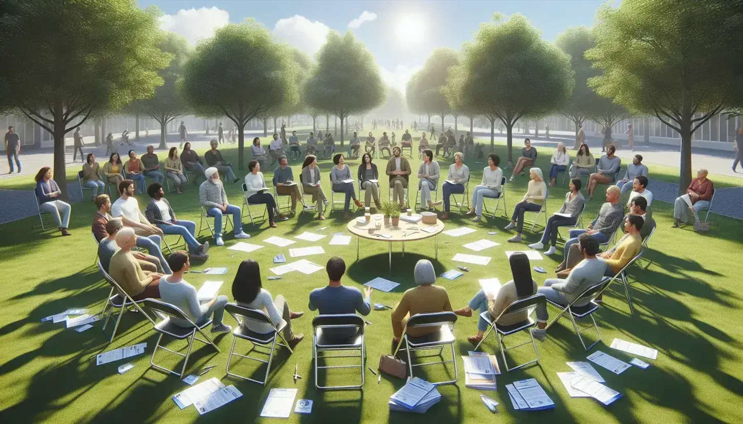 Gruppo multietnico in cerchio su sedie pieghevoli all'aperto discute documenti su tavolo, in un parco con cielo sereno.