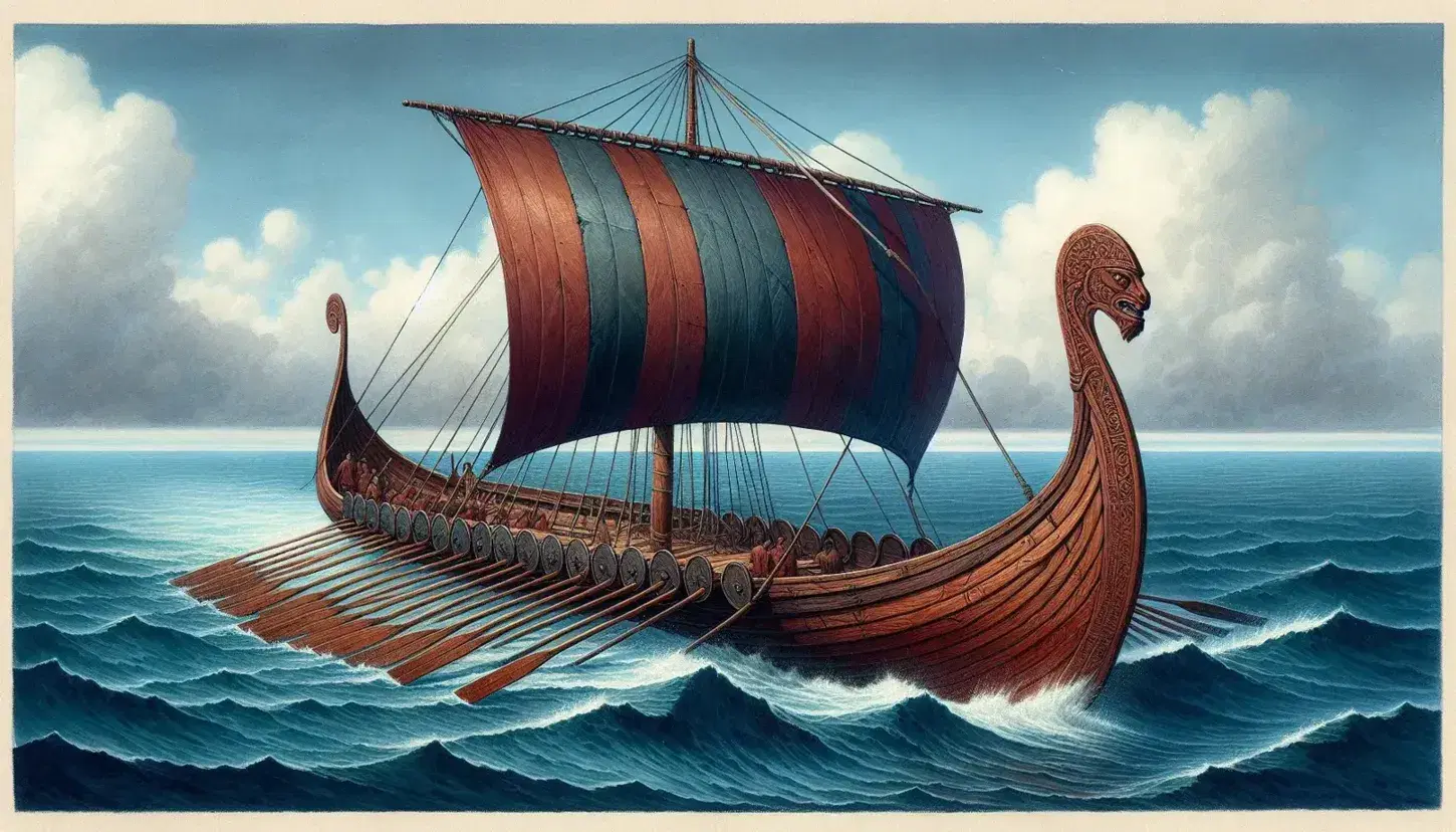 Viking longship at sea with a red and brown striped sail, dragon head carvings, and Norsemen aboard navigating the blue ocean waters.
