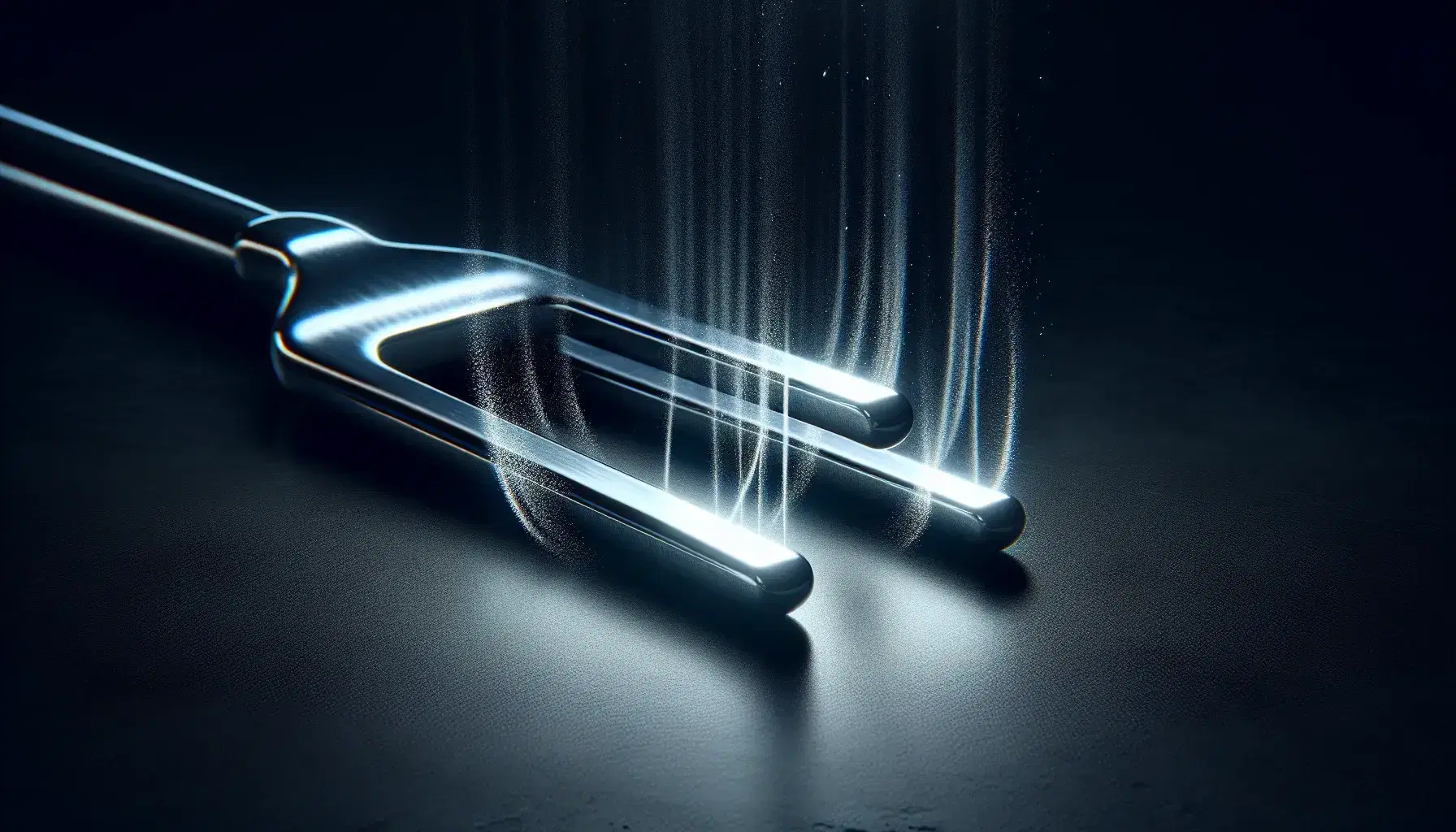 Vibrating tuning fork with visible air distortion patterns against a dark background, highlighting the resonance effect on nearby particles.