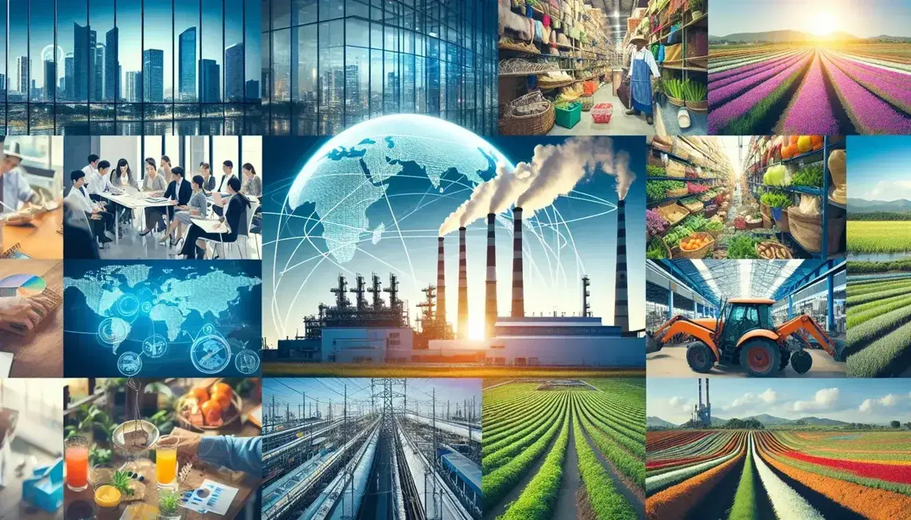Collage de actividades empresariales con edificio de oficinas, tienda pequeña, fábrica con chimeneas, campo agrícola, mapa mundial, reunión de trabajo, maquinaria pesada y mercado al aire libre.