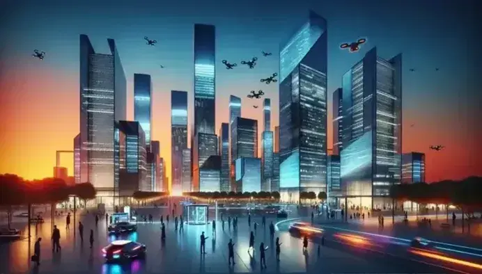 Twilight cityscape with skyscrapers reflecting a gradient sky, bustling public square with people using tech, and futuristic transport.