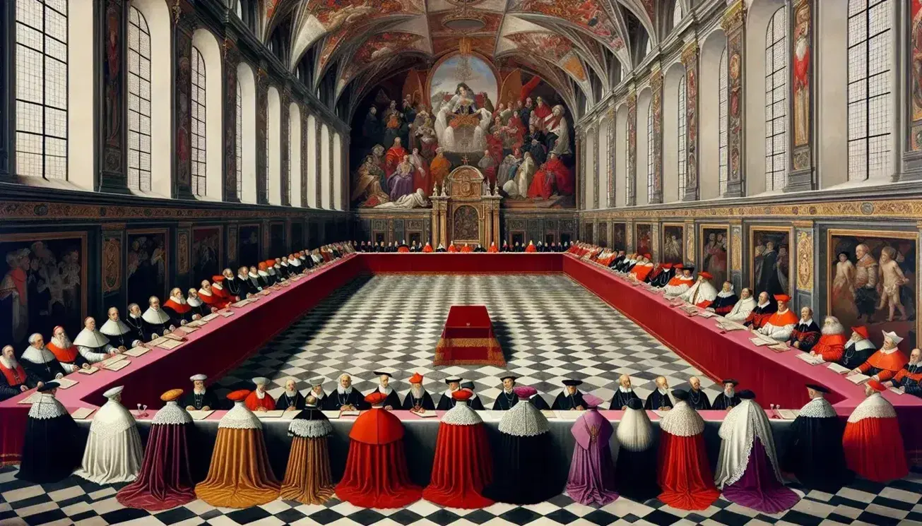 Council of Trent session in ornate hall with clergy in historical attire around a red-velvet-draped table, illuminated by natural light from arched windows.