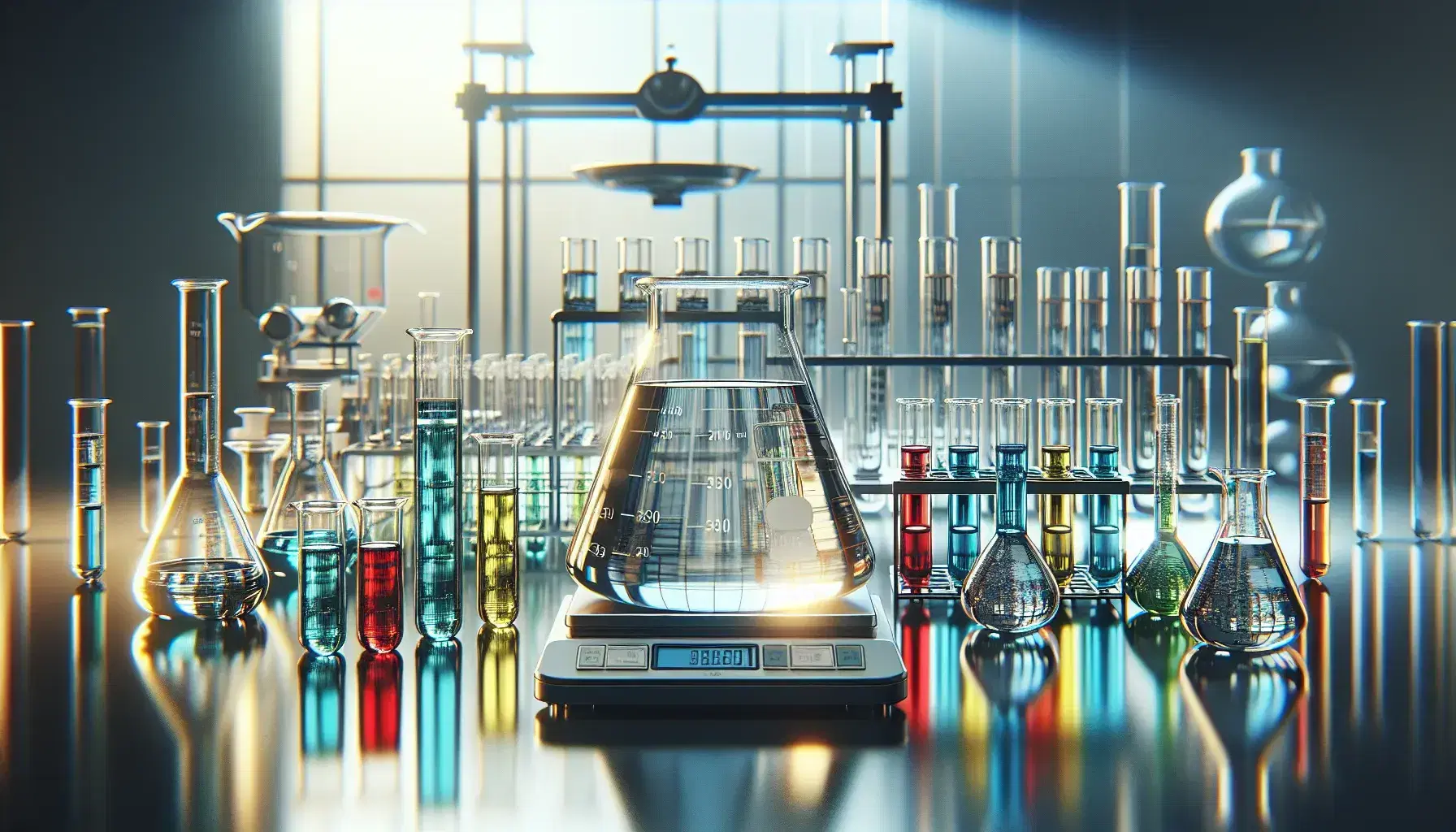 Laboratorio scientifico con provette e becher contenenti liquidi colorati su scaffale e bilancia analitica sullo sfondo.