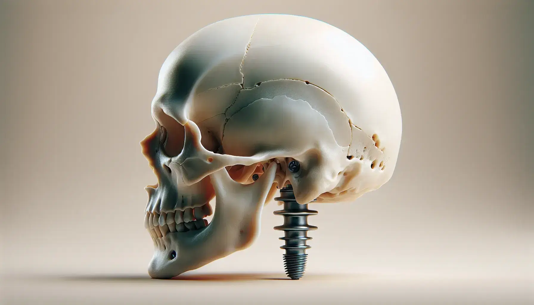 Cráneo humano visto de lado con implantes cigomáticos metálicos en la mandíbula superior sin dientes, sobre fondo neutro.