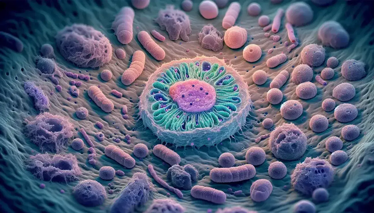 Célula eucariota al microscopio mostrando núcleo esférico, citoplasma granulado, mitocondrias, retículo endoplásmico rugoso y vesículas, con paleta de colores pastel.