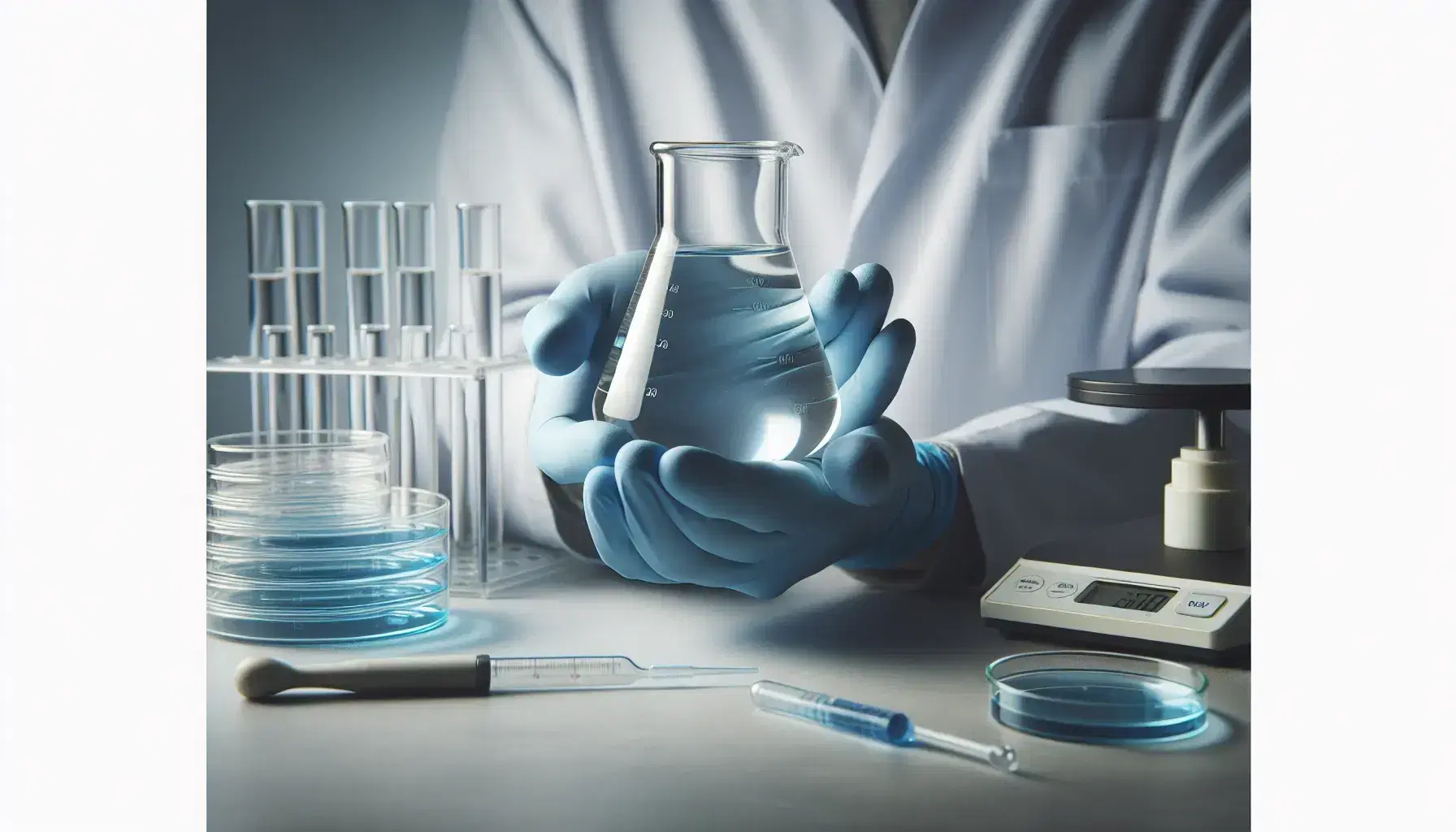 Hands in blue latex gloves hold a glass flask with transparent liquid in the laboratory, background with pipette and Petri dishes.