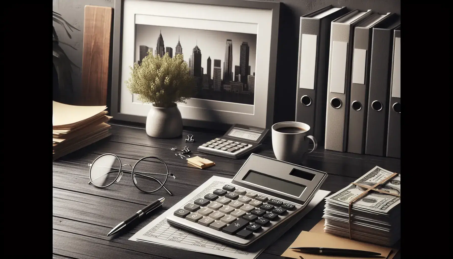 Mesa de oficina con calculadora gris apagada, papeles financieros, gafas plateadas, marco con foto urbana, planta verde y taza de café.
