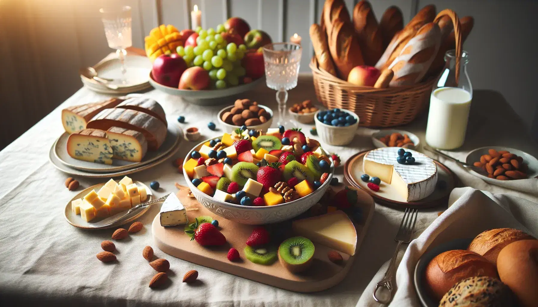 Tavola festiva con insalata di frutta, formaggi assortiti su tagliere, cestino di pane fresco, ciotola di noci e bevande sfocate sullo sfondo.