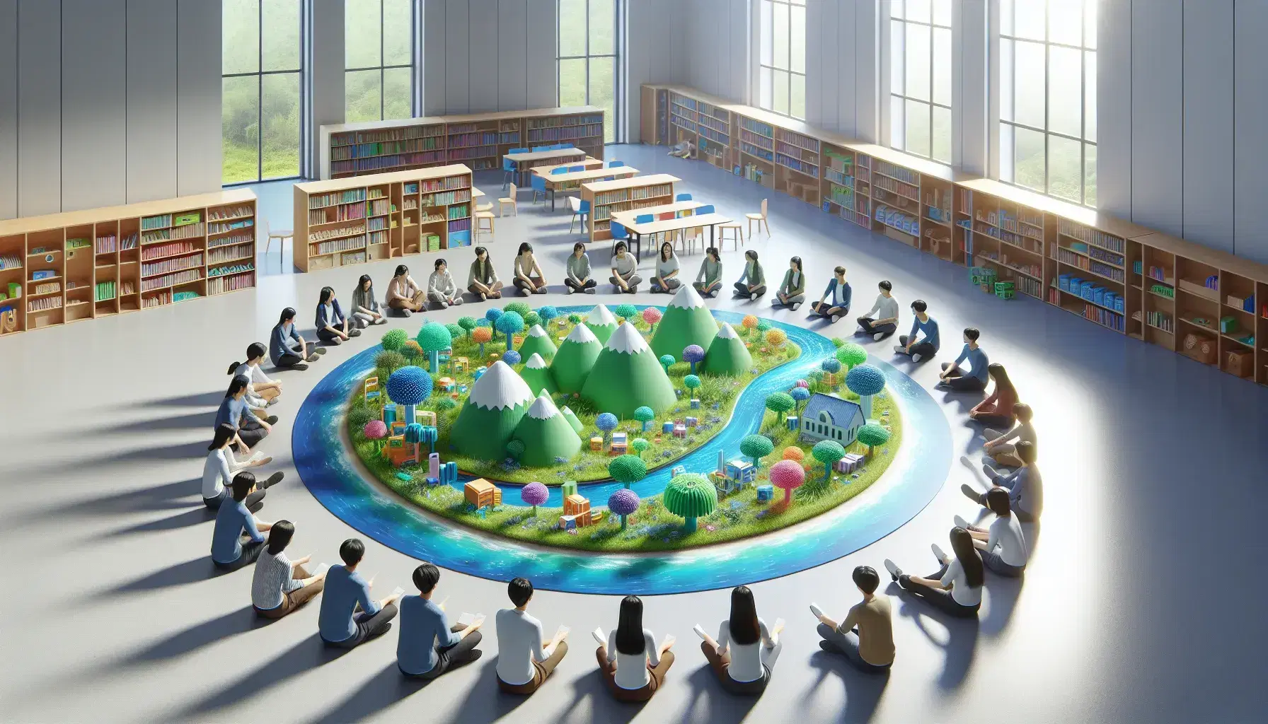 Estudiantes de diversas edades sentados en círculo en aula iluminada, enfocados en modelo tridimensional de paisaje con colinas, río y árboles.
