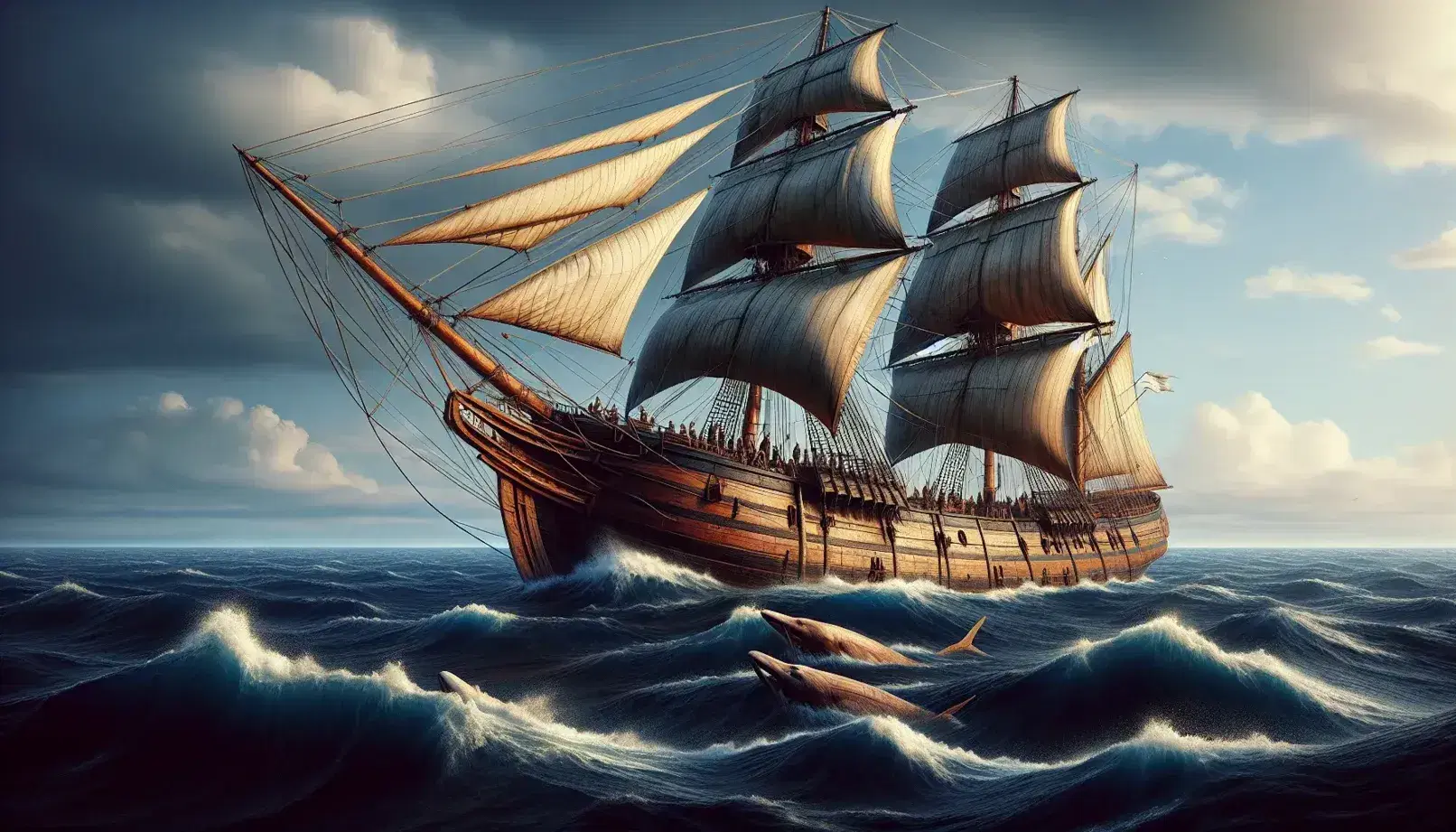 19th-century wooden whaling ship with full sails on the ocean beside a sperm whale, under a pale blue sky with wispy clouds.