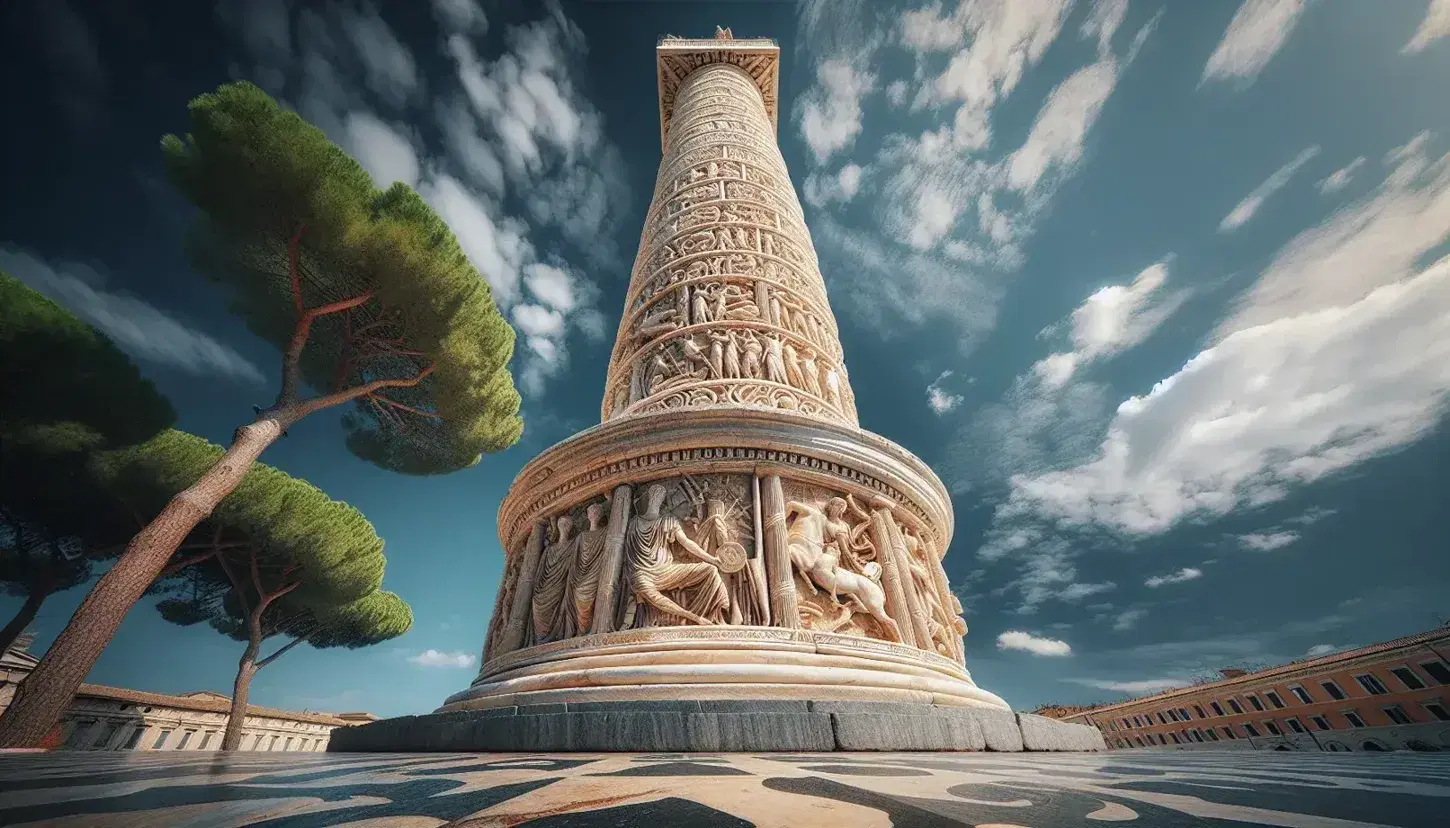 Colonna Traiana in marmo avorio con bassorilievi a spirale e statue in cima, circondata da alberi su cielo azzurro.