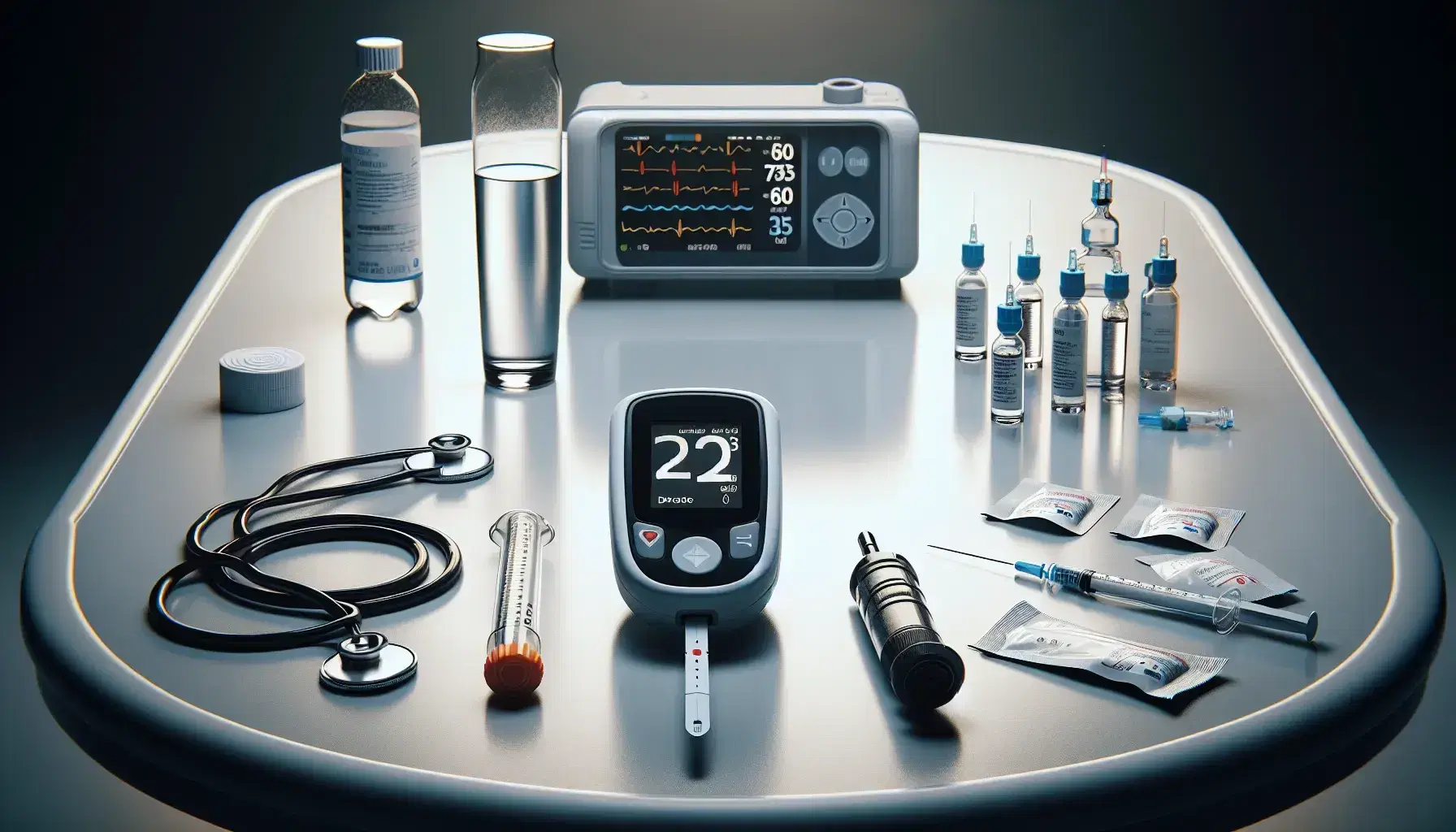 Mesa de hospital con glucometro digital, tiras reactivas, jeringa desechable, vaso de agua, solución salina y monitor de signos vitales apagado.