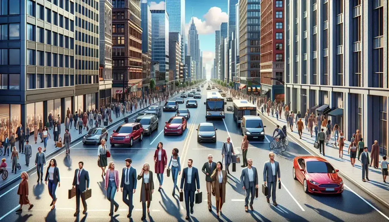 Diverse pedestrians in business and casual wear on a bustling city street with cars, buses, and bikes, flanked by mixed-style tall buildings under a clear sky.