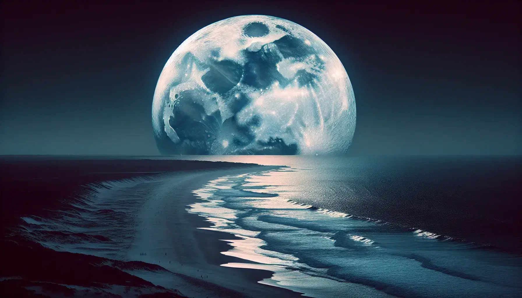 Luna piena dettagliata sorge sull'orizzonte con spiaggia e onde in primo piano sotto un cielo notturno sereno.