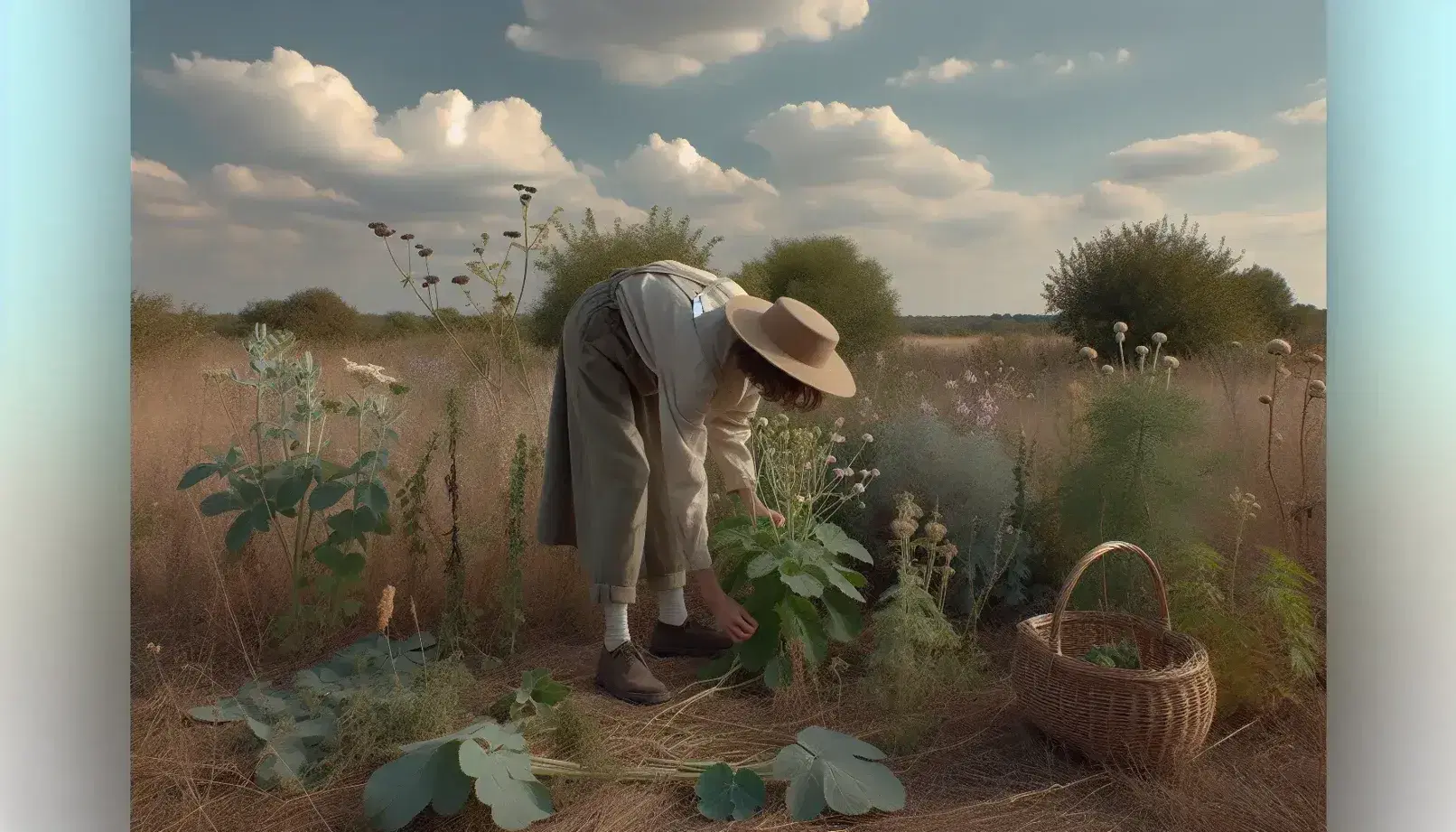 Persona recolectando plantas en campo natural, con sombrero y cesta de mimbre, bajo cielo parcialmente nublado.