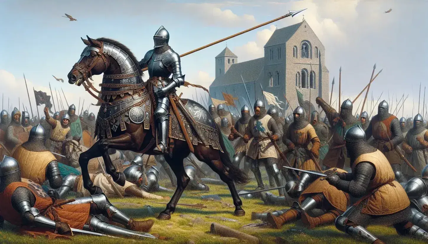 Cavaliere in armatura su cavallo scuro brandisce lancia in battaglia medievale con combattenti e chiesa romanica sullo sfondo.