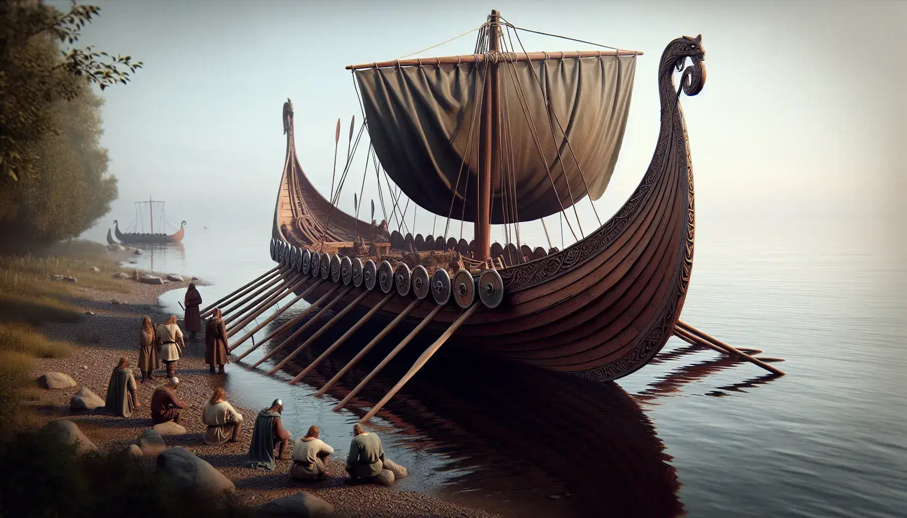 Viking longship on serene shore with carved dragon heads, a central mast with furled sail, and three figures attending to maritime tasks.