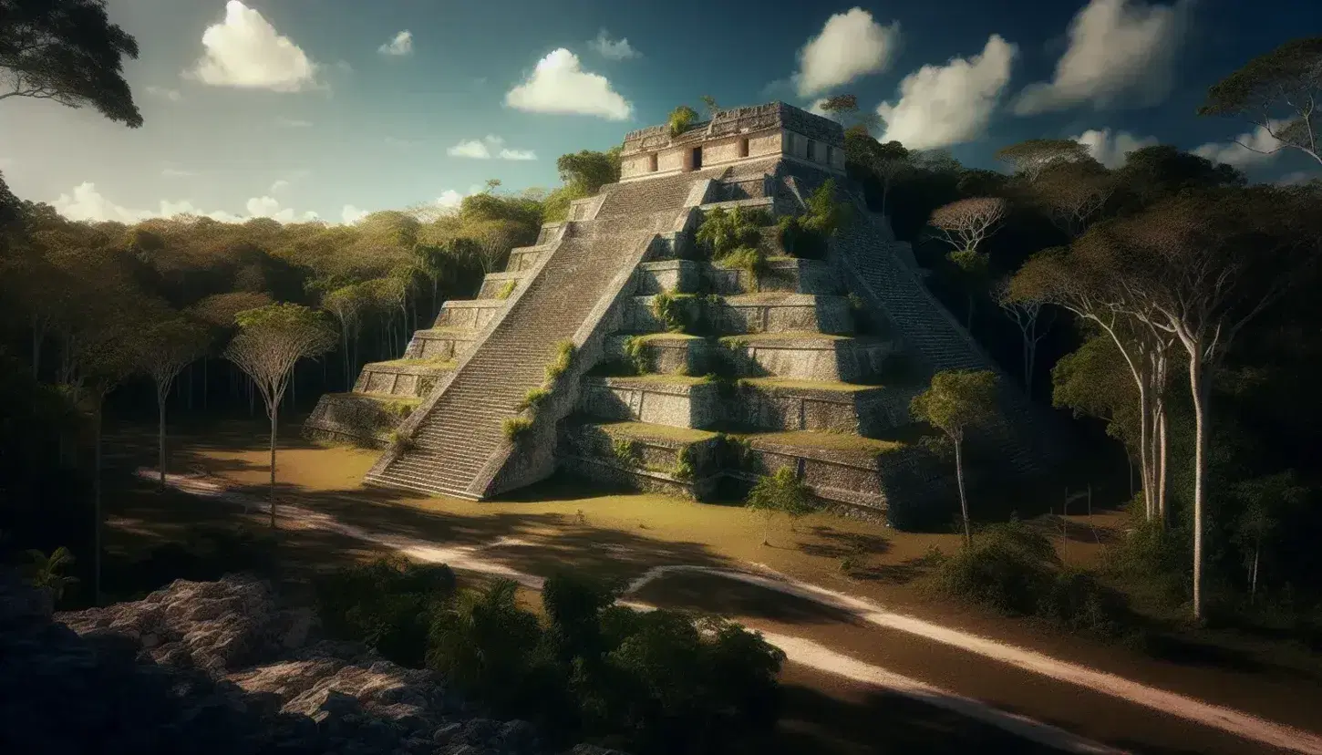 Pirámide escalonada maya en selva tropical con vegetación, escalinatas de piedra y estructura superior bajo cielo azul.