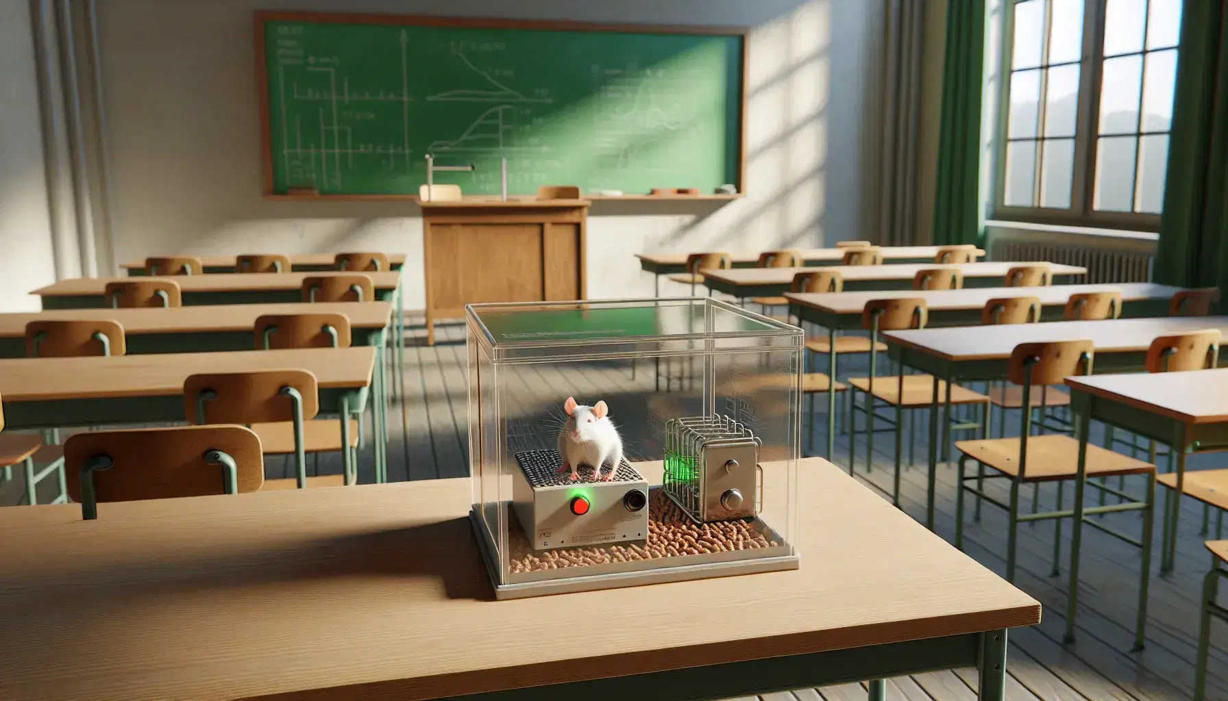 Rata de laboratorio blanca en caja transparente con dispositivo de alimentación y botón rojo, en aula vacía con pizarrón verde y mesas.