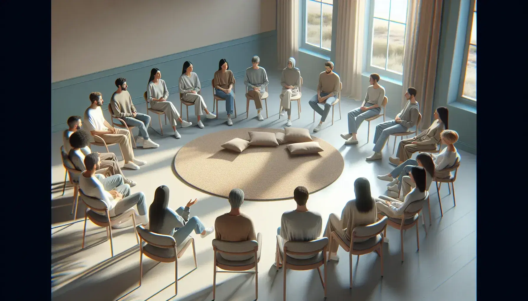Gruppo di persone sedute in cerchio su sedie marroni con cuscini su tappeto beige, discutono attivamente in una stanza luminosa.