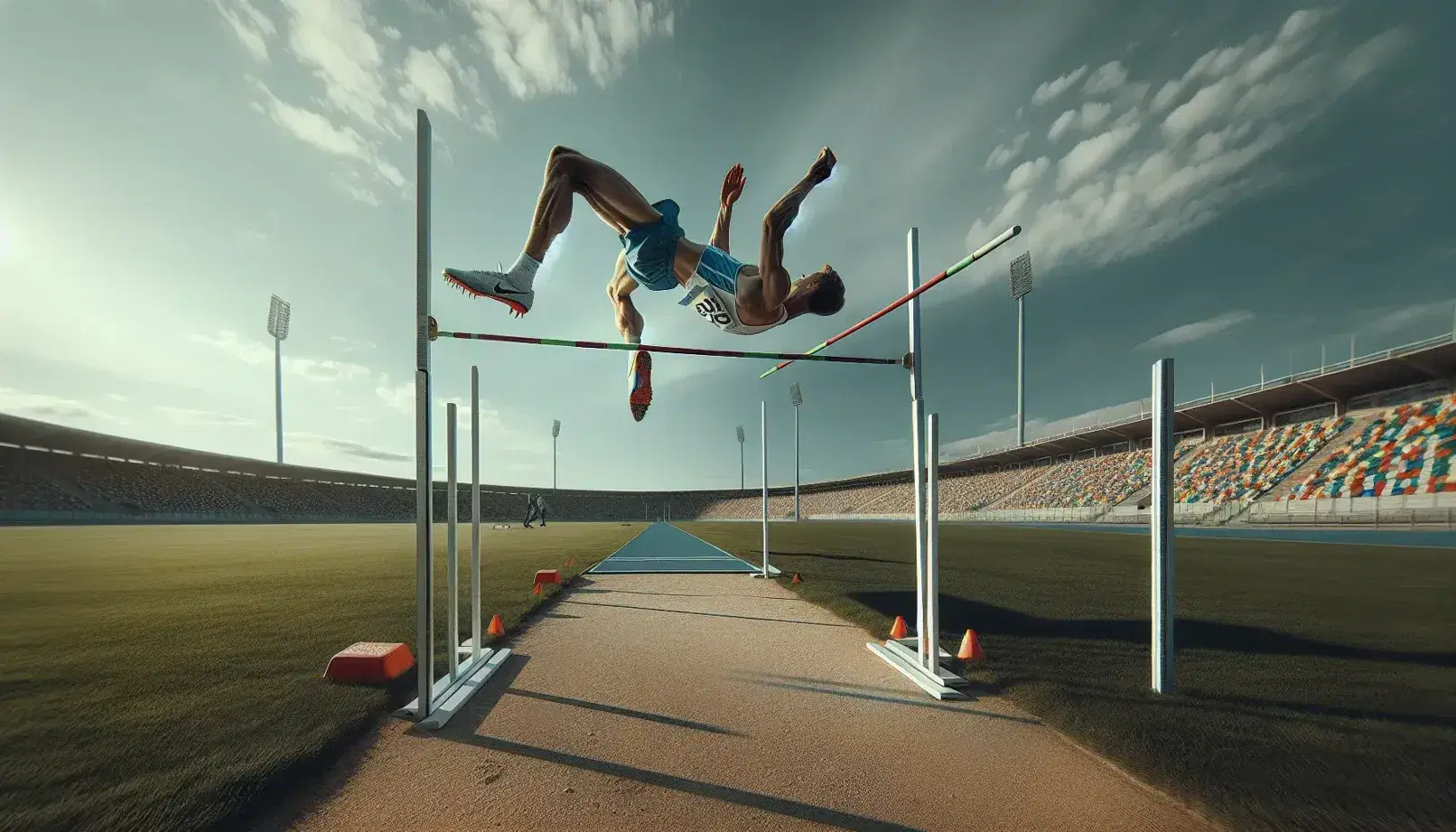 Atleta in divisa blu e bianca esegue salto in alto su pista all'aperto, corpo arcuato sopra l'asticella, sotto cielo azzurro.