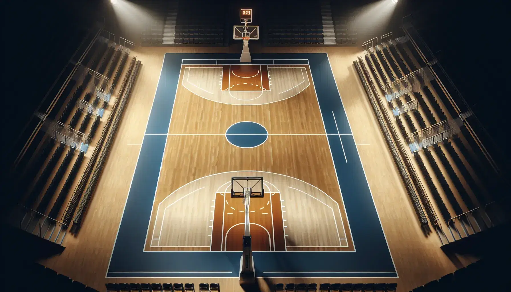 Vista aérea de una cancha de baloncesto profesional con suelo de madera clara, líneas blancas, aros naranjas y asientos azules retráctiles vacíos.