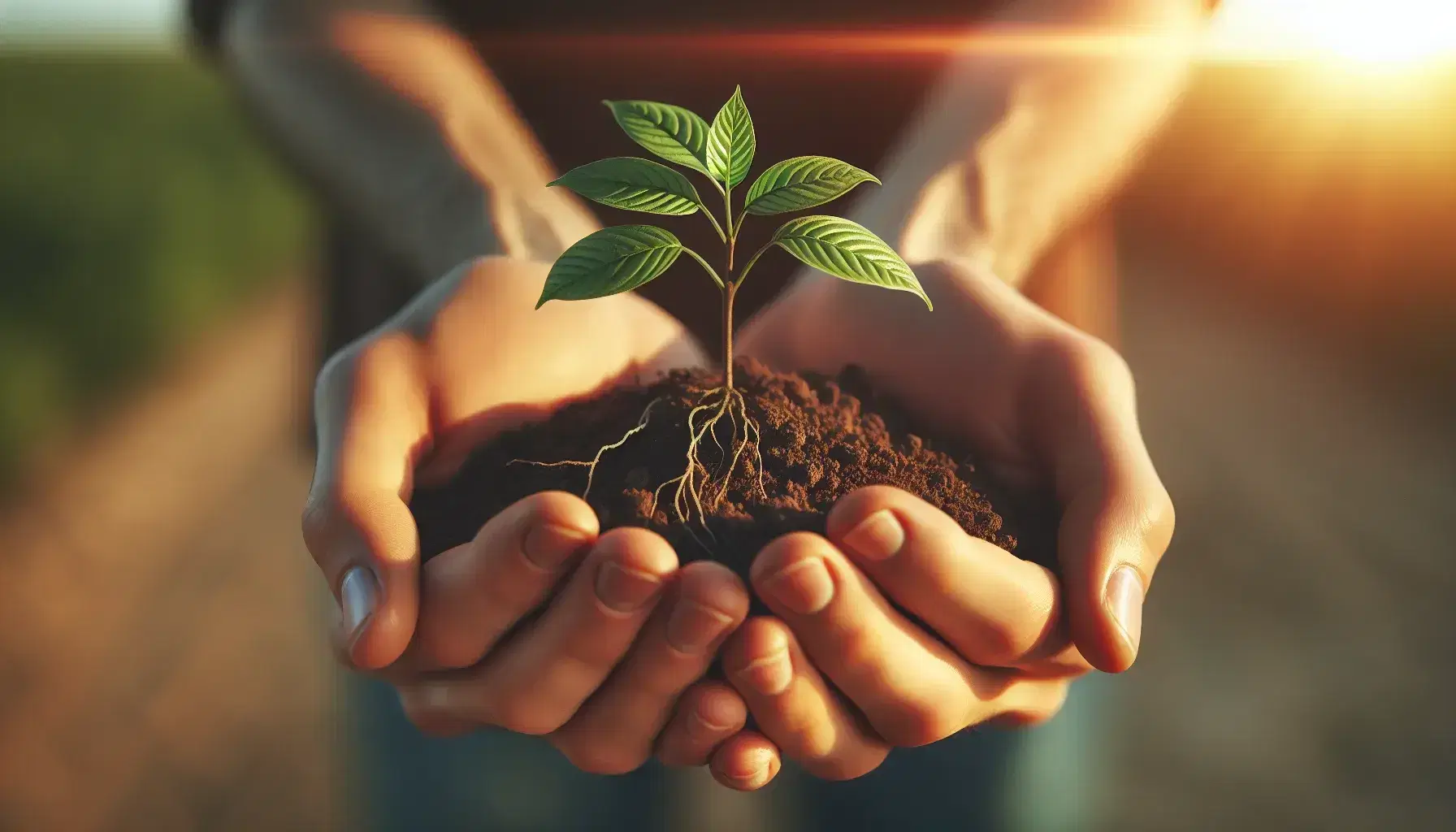 Hands cradling a young tree sapling with soil, symbolizing care for growth, against a soft-focus sunny sky background.