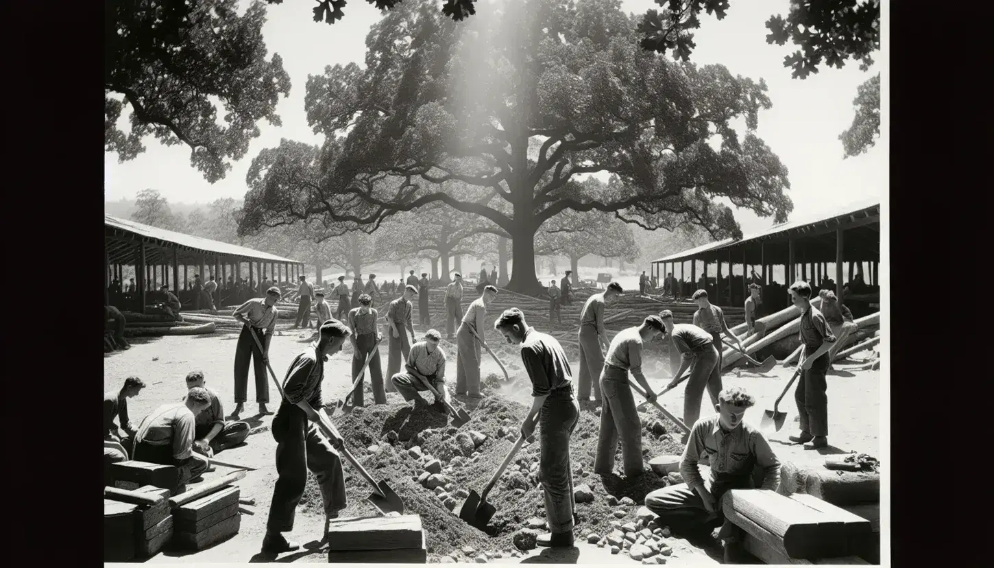Black and white photograph from the 1930s showing young men from the Civilian Conservation Corps working outdoors with shovels and picks.