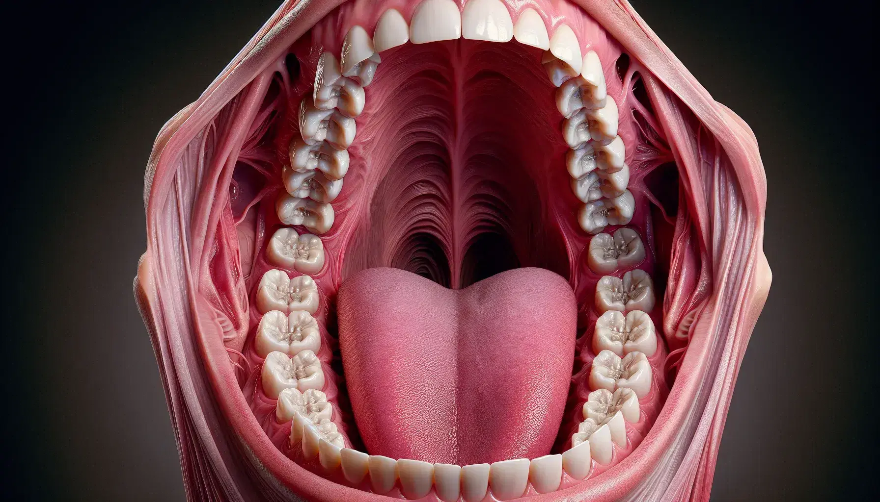 Cavità orale umana con denti allineati, gengive sane, lingua e palato, dettagli anatomici ben visibili.