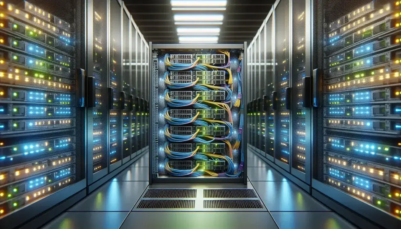 Centro de datos con servidor abierto mostrando bahías de discos duros con luces LED y cables coloridos en un pasillo entre filas de racks.