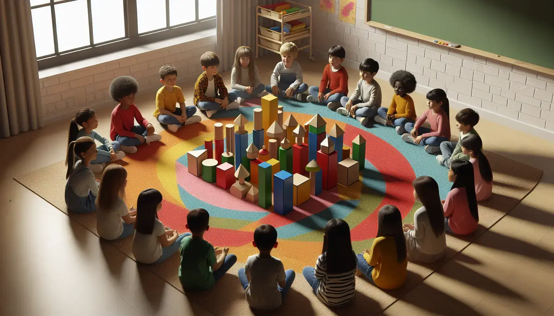 Niños de diversas edades y etnias sentados en círculo en una alfombra colorida, jugando con bloques geométricos de madera en un aula iluminada naturalmente.