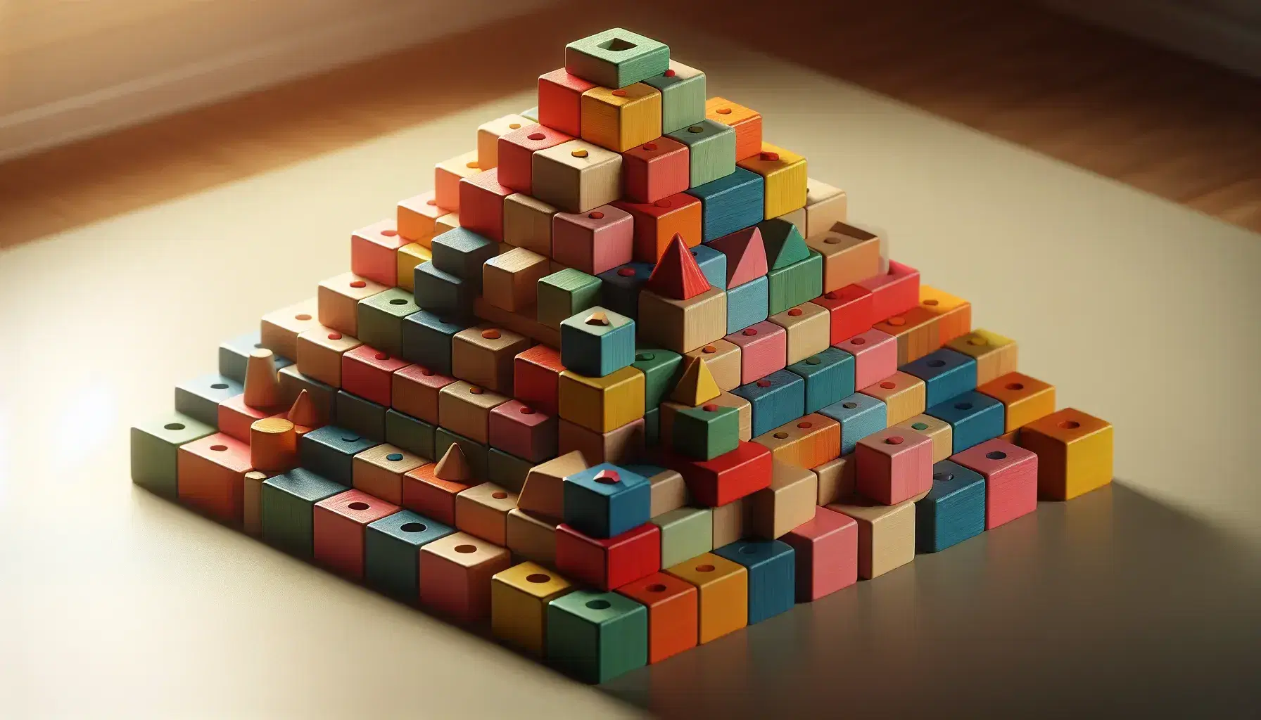 Blocchi di legno colorati impilati a forma di piramide con varie forme geometriche su superficie neutra.
