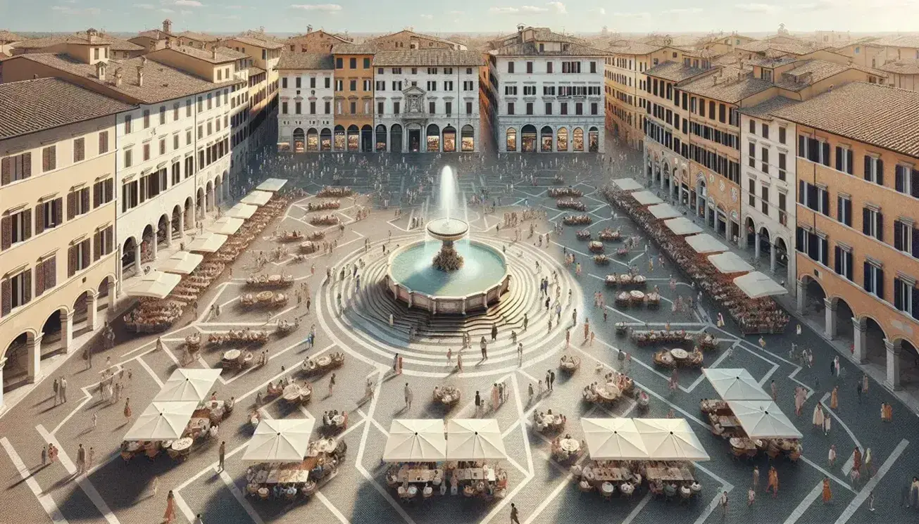 Vista aerea di una piazza italiana affollata con fontana storica, edifici rinascimentali e barocchi, caffè all'aperto e bandiera italiana.