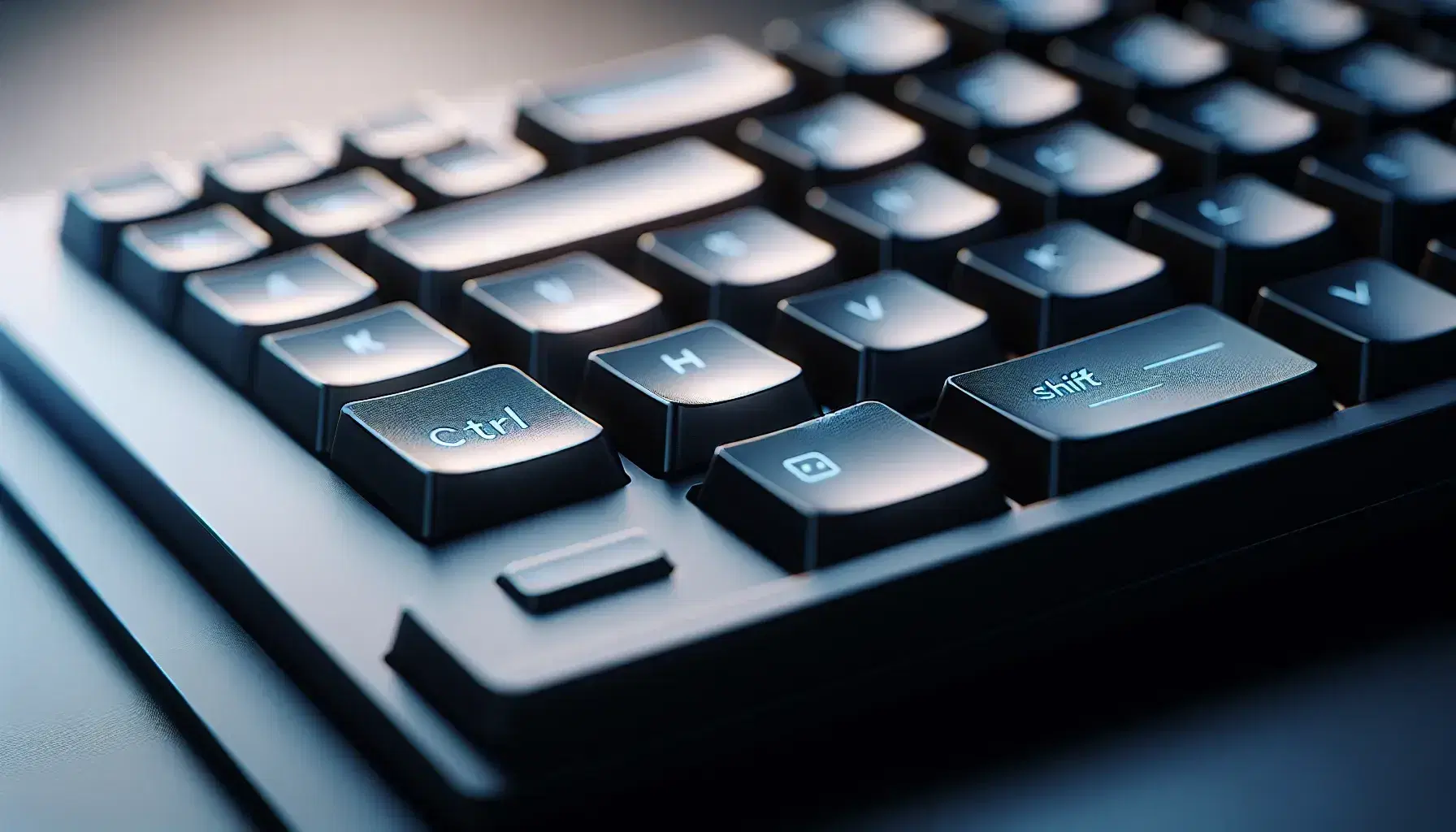 Modern computer keyboard with blue backlight, highlighted Ctrl, Shift and arrow keys, matte finish and light texture, blurred background.