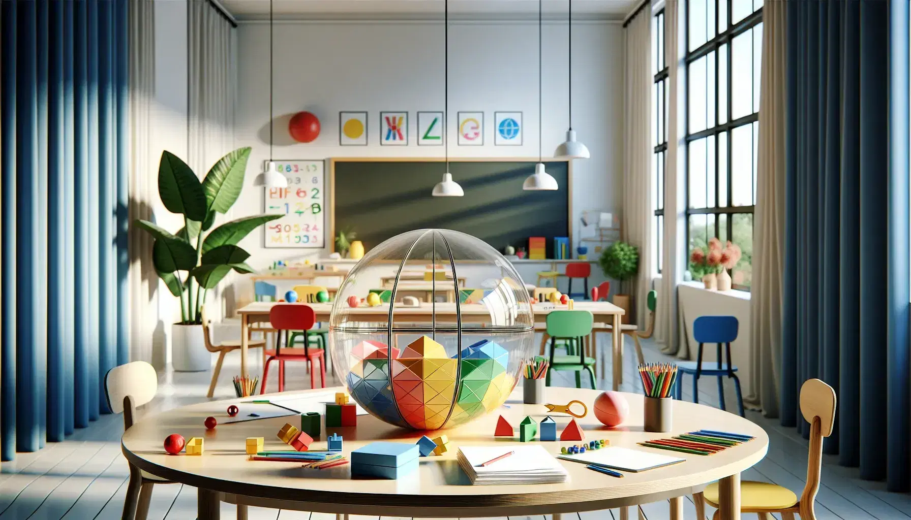 Aula luminosa con tavolo rotondo e sedie colorate, blocchi geometrici, fogli, matite colorate e sfera di plastica con palline, pianta verde e lavagna vuota.
