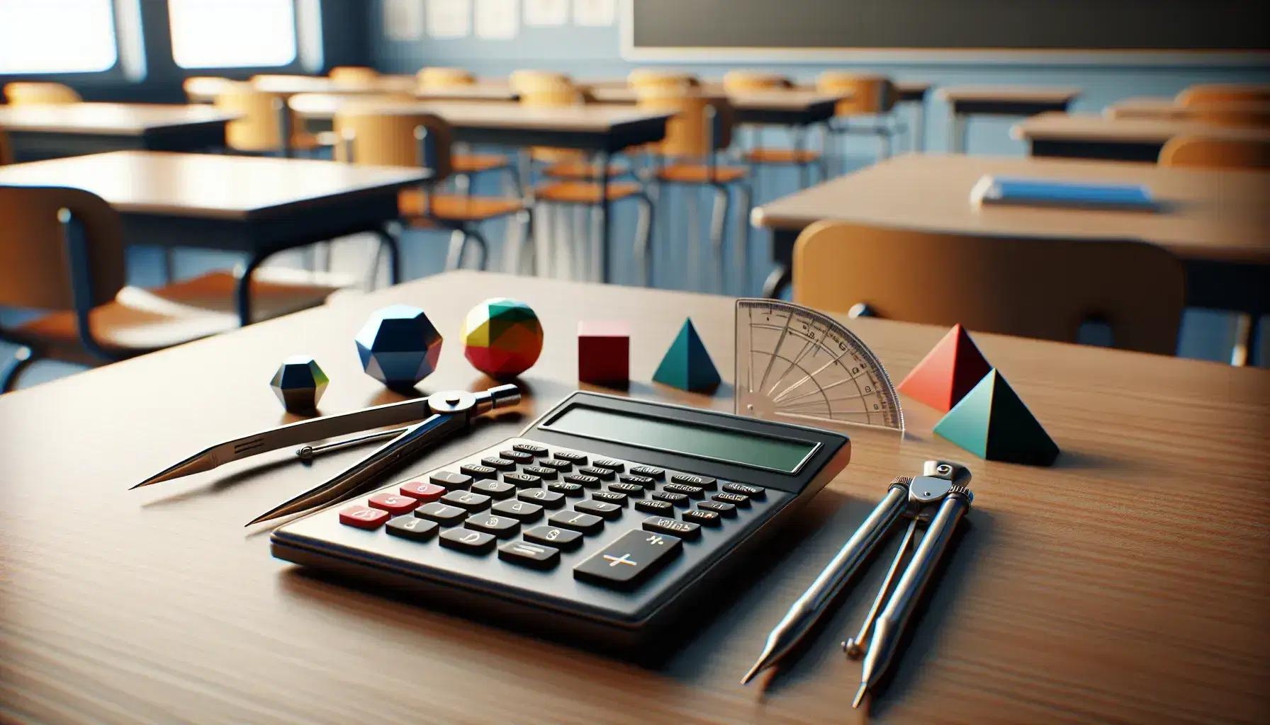 Classroom desk with mathematical tools including a scientific calculator, compasses, protractor, and geometric shapes like a cube, sphere, and cone.