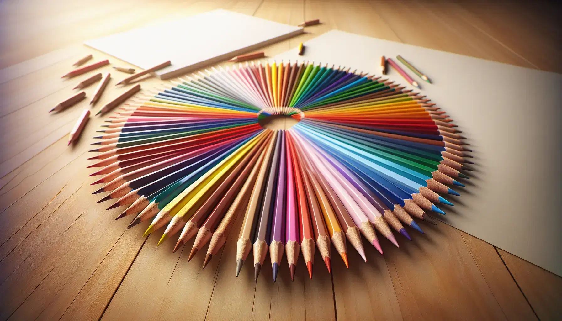 Lápices de colores en abanico sobre superficie de madera clara con hoja de papel en segundo plano, mostrando puntas afiladas y variedad cromática.