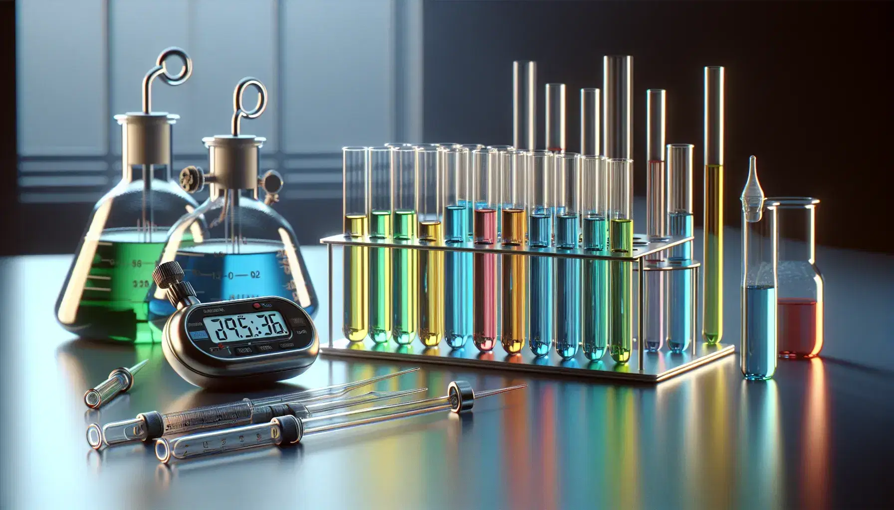 Mesa de laboratorio con tubos de ensayo de vidrio y líquidos de colores, soporte con matraces Erlenmeyer y cronómetro digital en segundo plano.